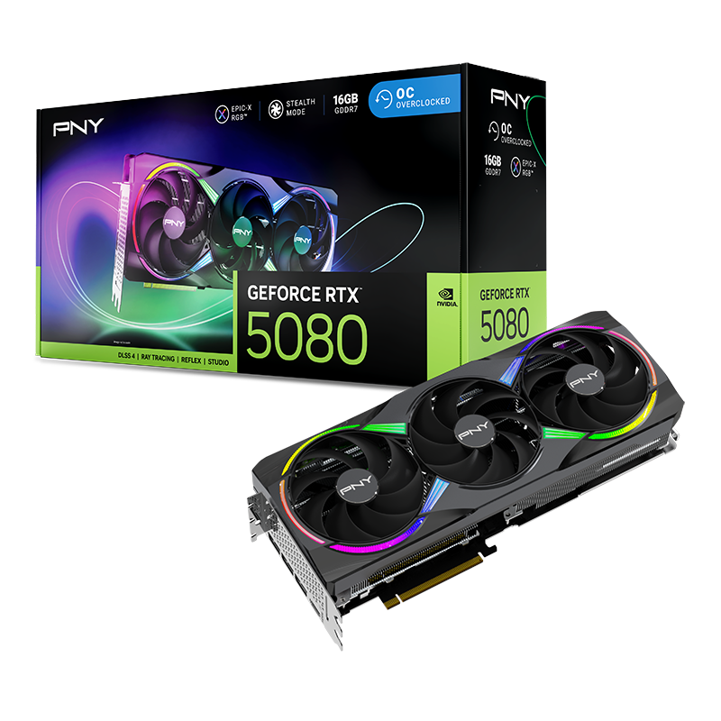 PNY GeForce RTX™ 5080 ARGB EPIC-X RGB™ Overclocked Triple Fan 16GB GDDR7 Graphics Card